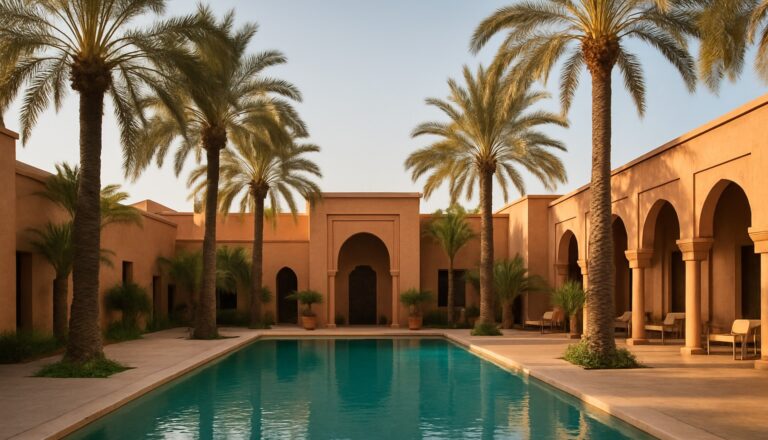 Innenhof eines marokkanischen Resorts in Marrakesch mit Pool und Palmen