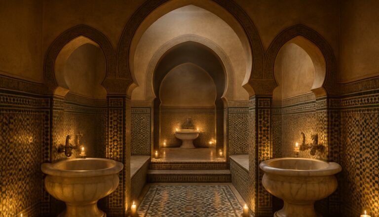 Prunkvoller marokkanischer Hammam-Spa mit Marmorbecken und Messingarmaturen in Marrakesch
