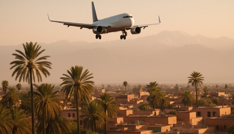 Passagierjet im Landeanflug auf Marrakesch ueber Palmen und Stadtdaechern