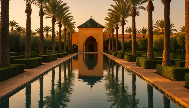 Palmengesaeumter Pool eines Luxusresorts in Marrakesch im Abendlicht