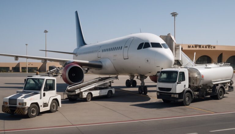 Bodenabfertigungsfahrzeuge neben einem Flugzeug am Flughafen Marrakesch