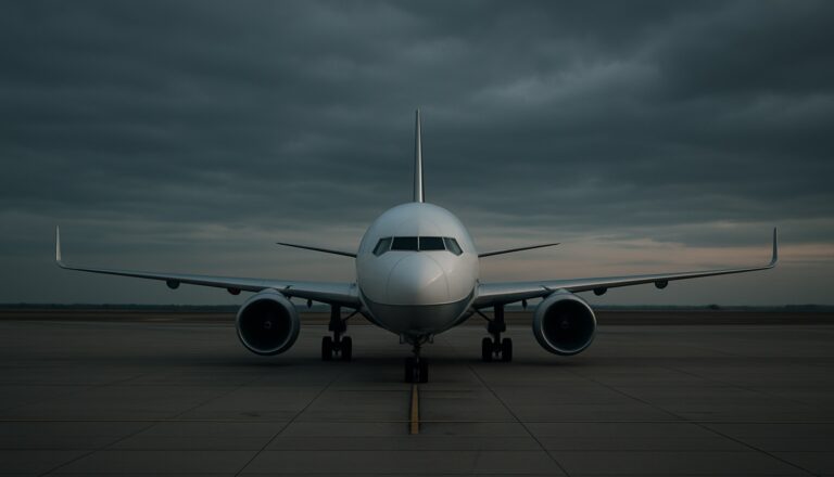 Ein am Boden geparktes Flugzeug auf leerem Vorfeld in der Daemmerung