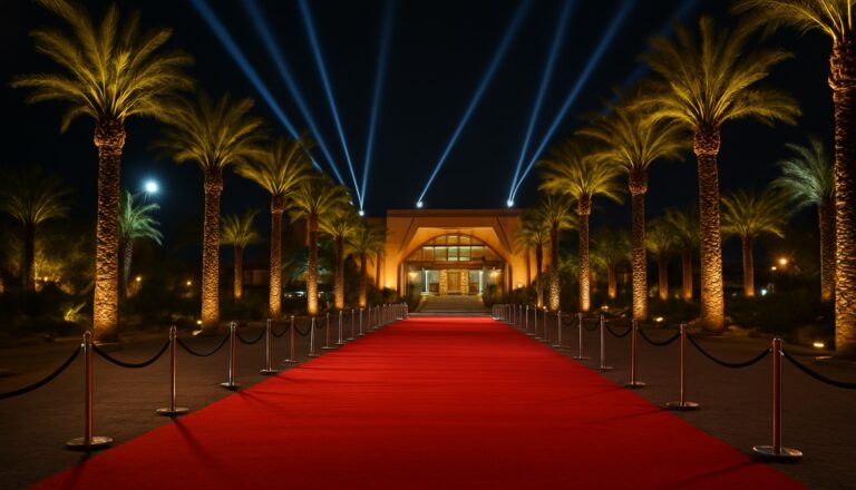 Roter Teppich beim Filmfestival in Marrakesch bei Nacht mit Scheinwerfern und Palmen