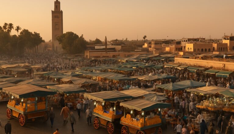 Der Platz Jemaa el-Fna in Marrakesch zur goldenen Stunde mit der Koutoubia-Moschee