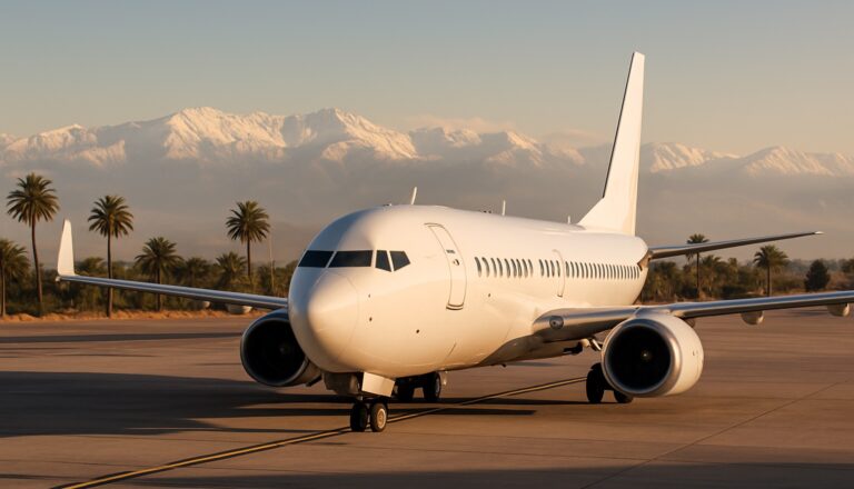 Passagierjet auf dem Rollfeld des Flughafens Marrakesch-Menara vor dem Atlasgebirge