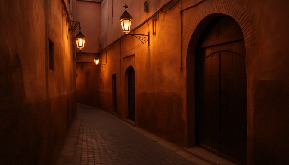 Belebte Gasse in der Medina von Marrakesch mit Passanten, Händlern und Mopeds am Abend